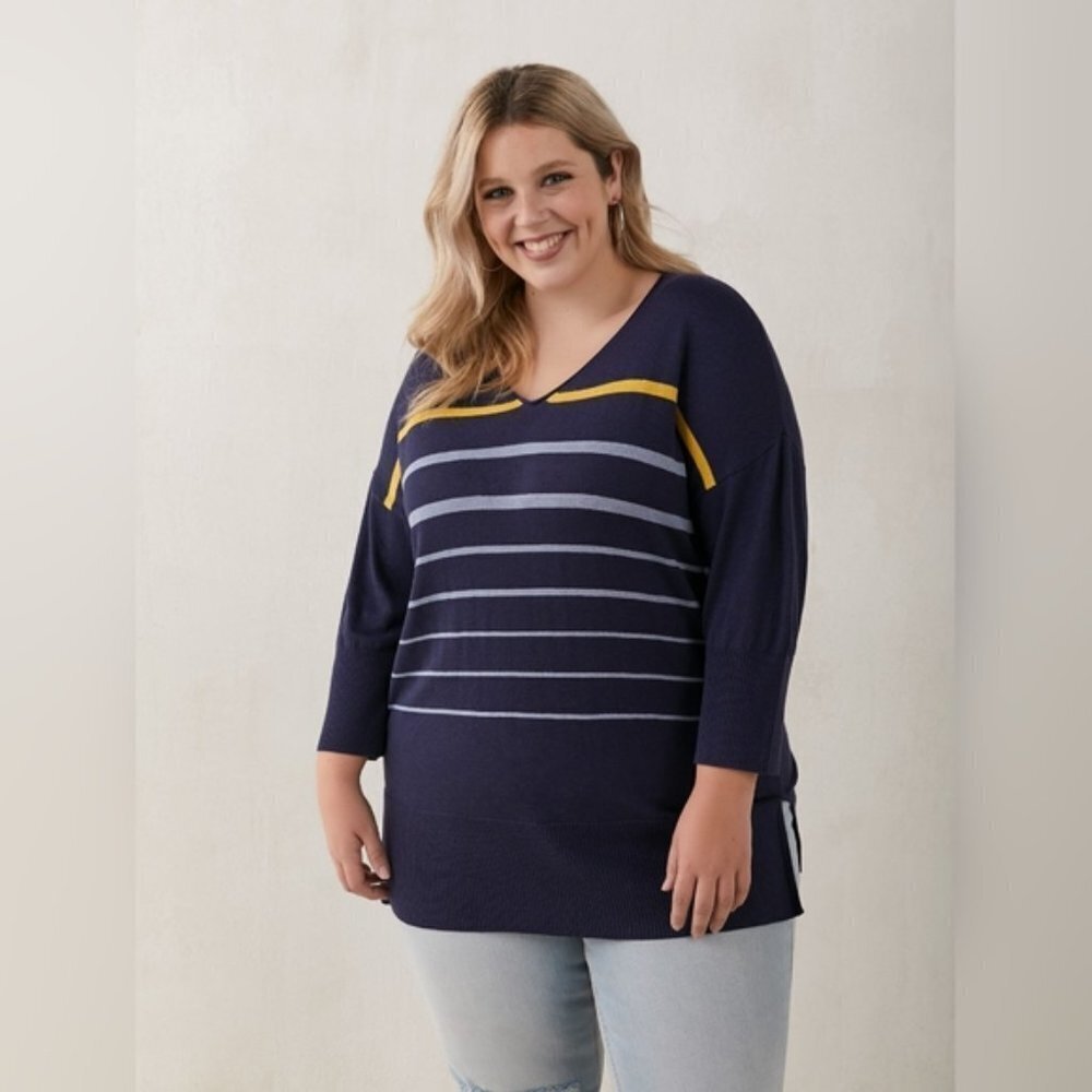 Penningtons In Every Story Navy Blue Stripe Tunic V-Neck Sweater 3/4 Sleeves 2X